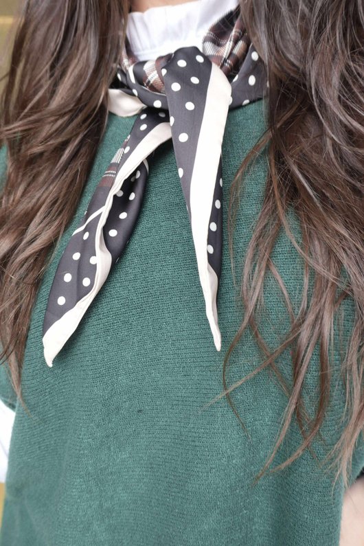 Plaid & Polka Border Triangle Silk Neckerchief Black